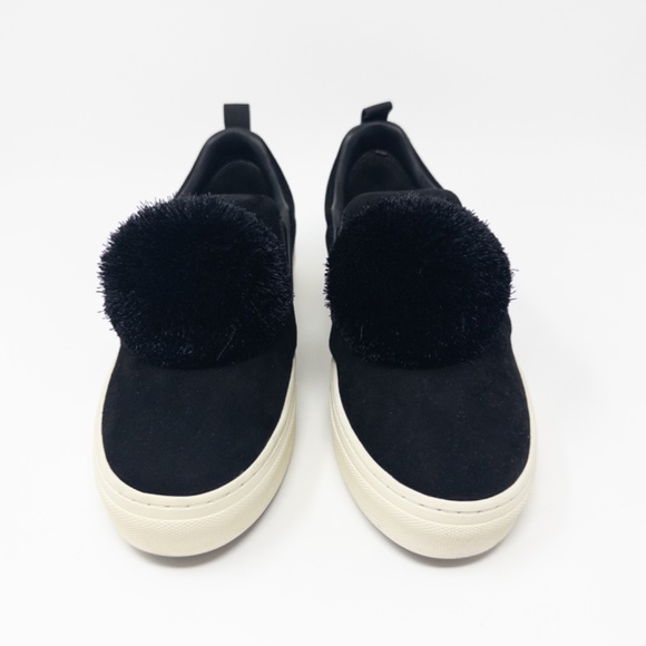Tory Burch Pom Pom Sneaker Silk Perfect Black White Suede Women Size 6.5 - Picture 4 of 8